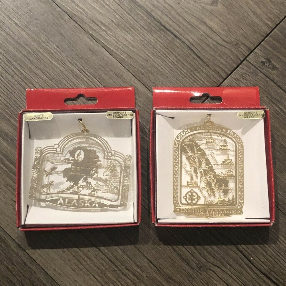 Two Nations Treasures Alaska State 24k Gold Flashed Brass Ornaments Lighthouse